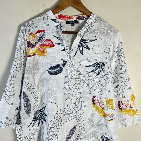 Charlie B Made In Italy Floral Print White Blouse Size Medium Cotton Lightweight - Picture 3 of 9